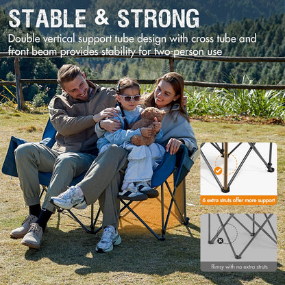 Portal Double Camping Chair, 2 Person Folding Loveseat for Adults, Padded Cushion Camp Lawn Love Seat with Side Pocket Portable Couch, Two Person Heavy Duty Wide Chairs with Cup Holder, 600 lbs