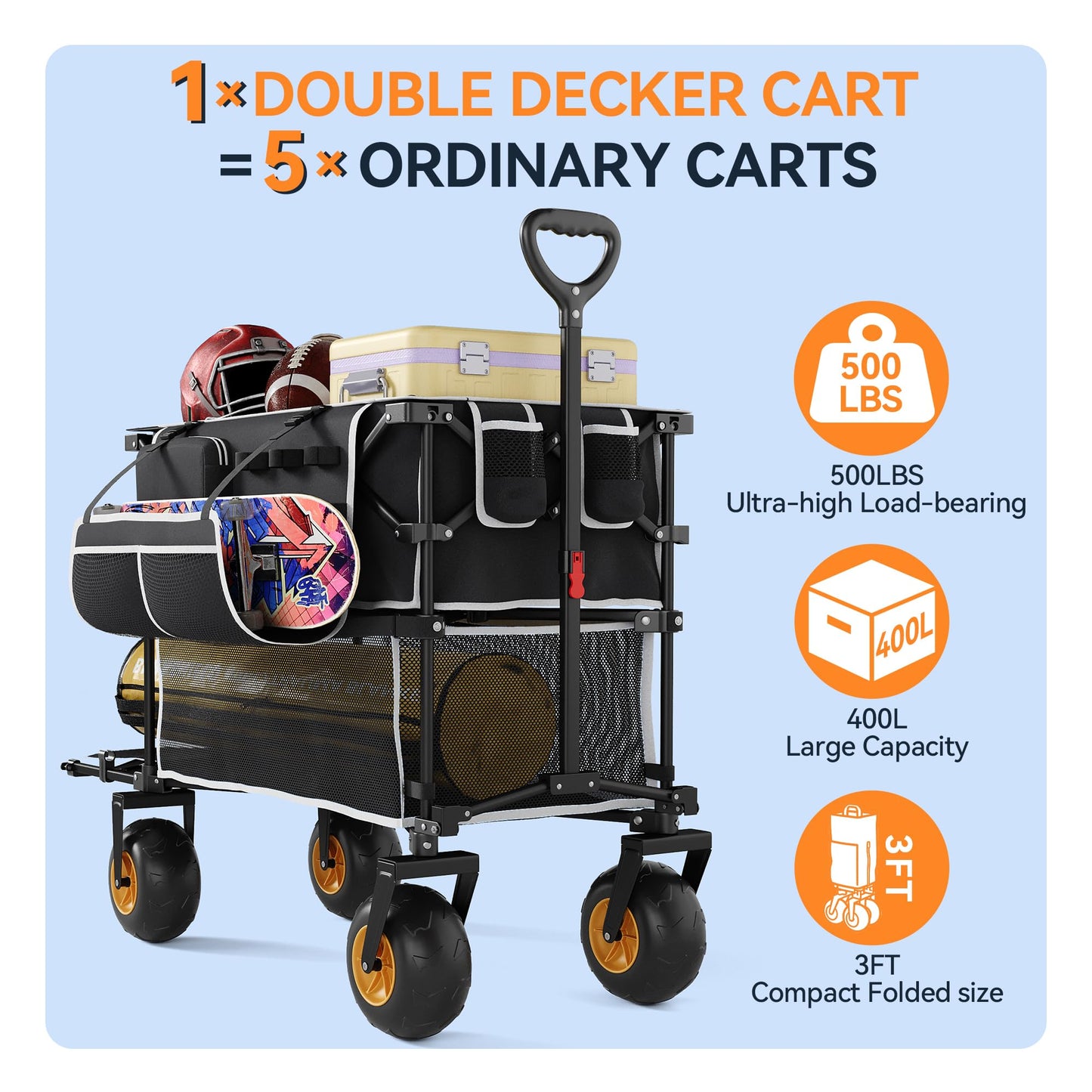 400L Double Decker Beach Wagon-500LBS Heavy Duty Beach Cart with 9" Big Balloon Wheels for Sand,Folding Collapsible Wagon with Side Pocket for Beach, Fishing, Camping,Outdoor(Black)