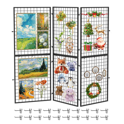 ATOLS 3-Pack Foldable Grid Wall Panels with 20 Hooks - 60" H x 76" W Heavy Duty Wire Grid Display Rack, Portable Z-Unit for Commercial Retail Store, Vendor Booth & Trade Shows
