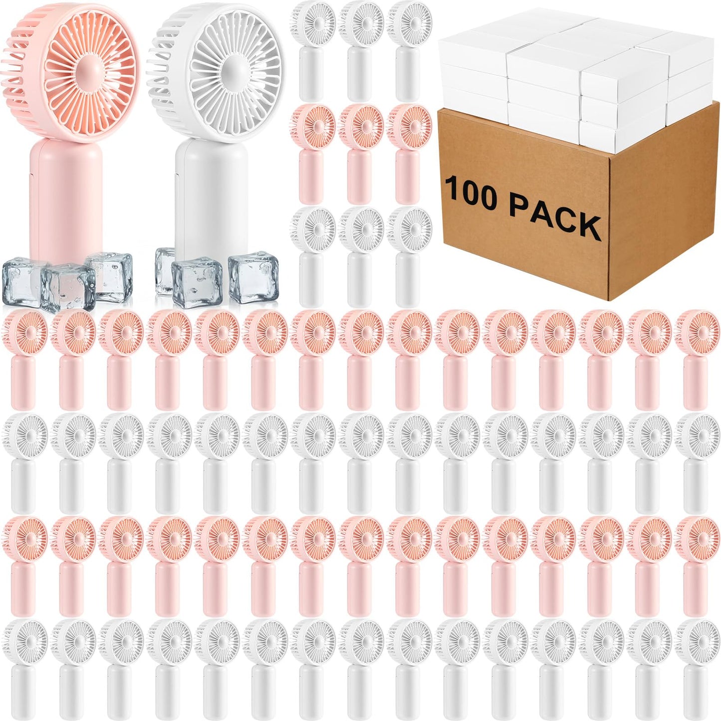 Woanger 100 Pcs Mini Fans Portable Handheld Fan Bulk Battery Operated Personal Small Fans Powerful Eyelash Hand Held Fan for Wedding Summer Travel Camping, Not Included AA Battery (White,Pink)