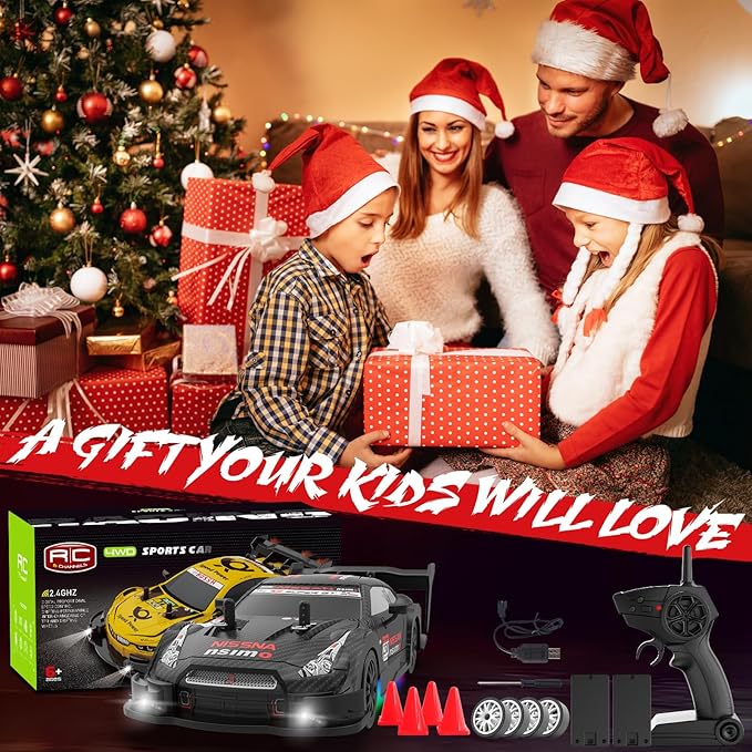 RC Drift Car 1:20 Scale Remote Control Cars 2.4GHz 4WD High Speed RTR Racing Vehicle with LED Lights 2 Rechargeable Batteries and Drifting Tires Racing Sport Toy Car for Adults Kids Boys Girls