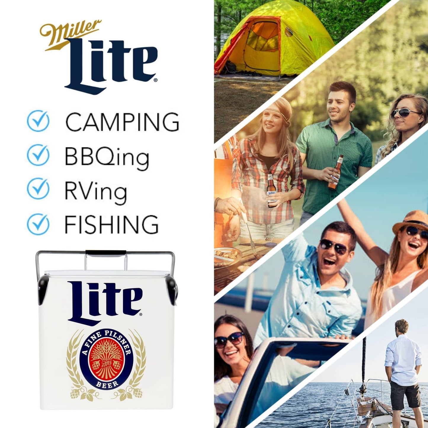 Miller Light Retro Ice Chest Cooler - 18 Can Ice Box, Portable Ice Bucket with Bottle Opener, Vintage Style, Insulated for Camping, Beach, Picnic, RV, BBQs, Tailgating, Fishing, 13L (14 qt)
