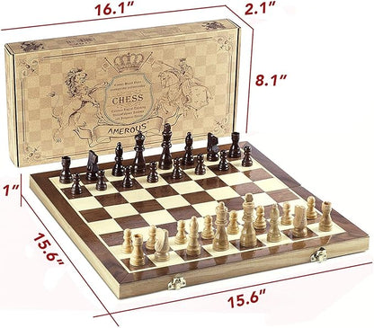 AMEROUS Chess Set 15x15 Folding Magnetic Wooden Standard Chess Game Board Set with Wooden Crafted Pieces and Chessmen Storage Slots