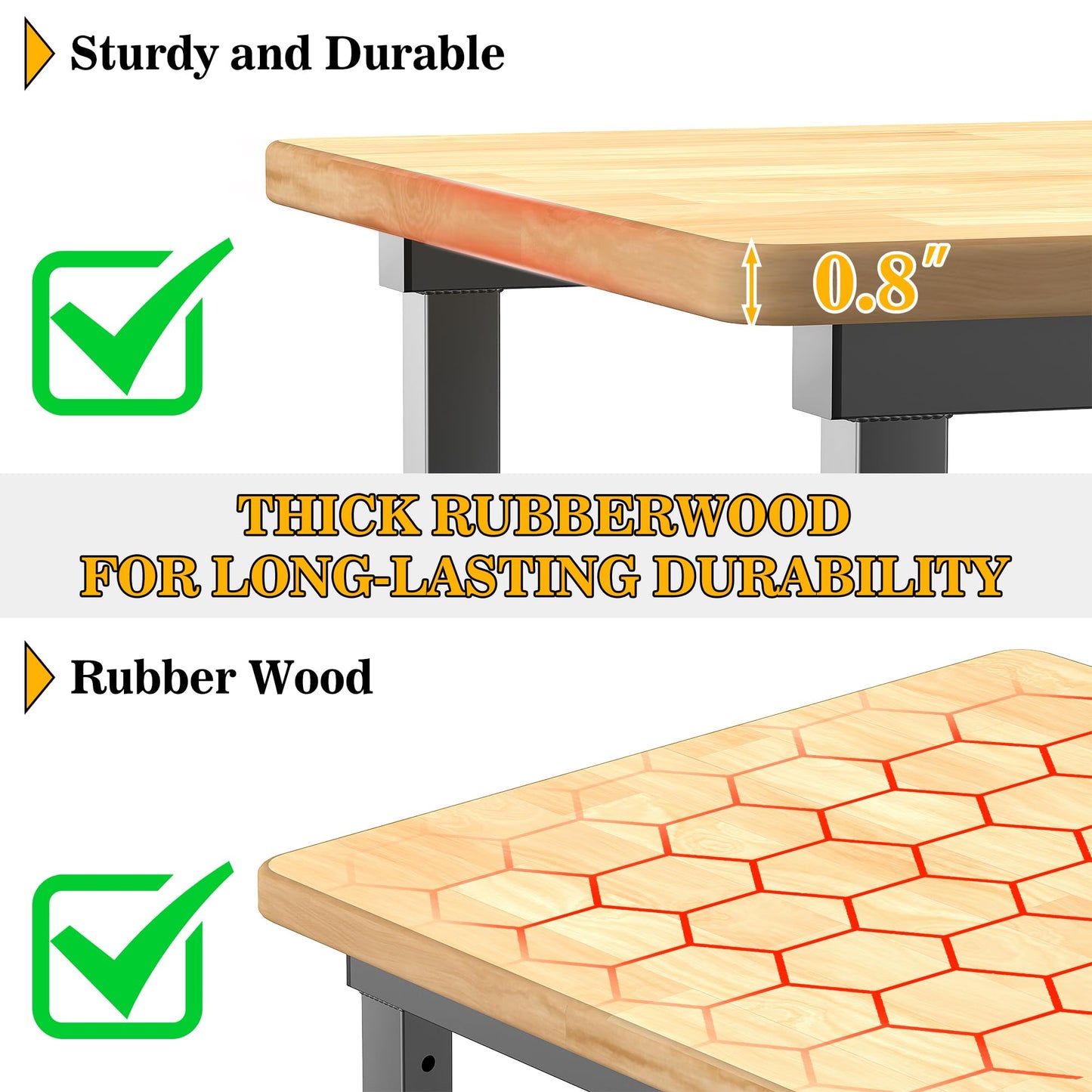 Ultrawall Workbench for Garage, 47.5" Adjustable Height Work Table, Heavy Duty Rubber Wood Workstation for Workshop, Office, Home, 2000 LBS Load Capacity