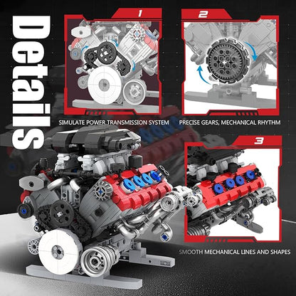 V8 Engine Building Set Model Kit for Adults Build Your Own MOC Mini V8 Engine Model Toy with Motor Display Home Office Decor Ideal Gift 1189PCS