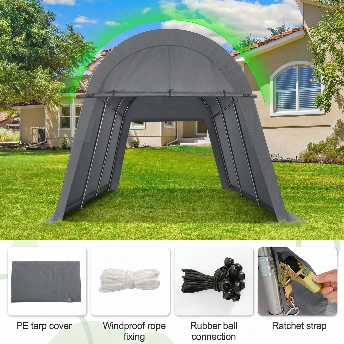 COBIZI 10x15 Carport Canopy Heavy Duty Portable Garage Tent with Double Zippered Roll-up Doors & Vents, Large Space Car Port Car Garage Waterproof Anti-Snow for Cars, Boats, Trucks, Gray