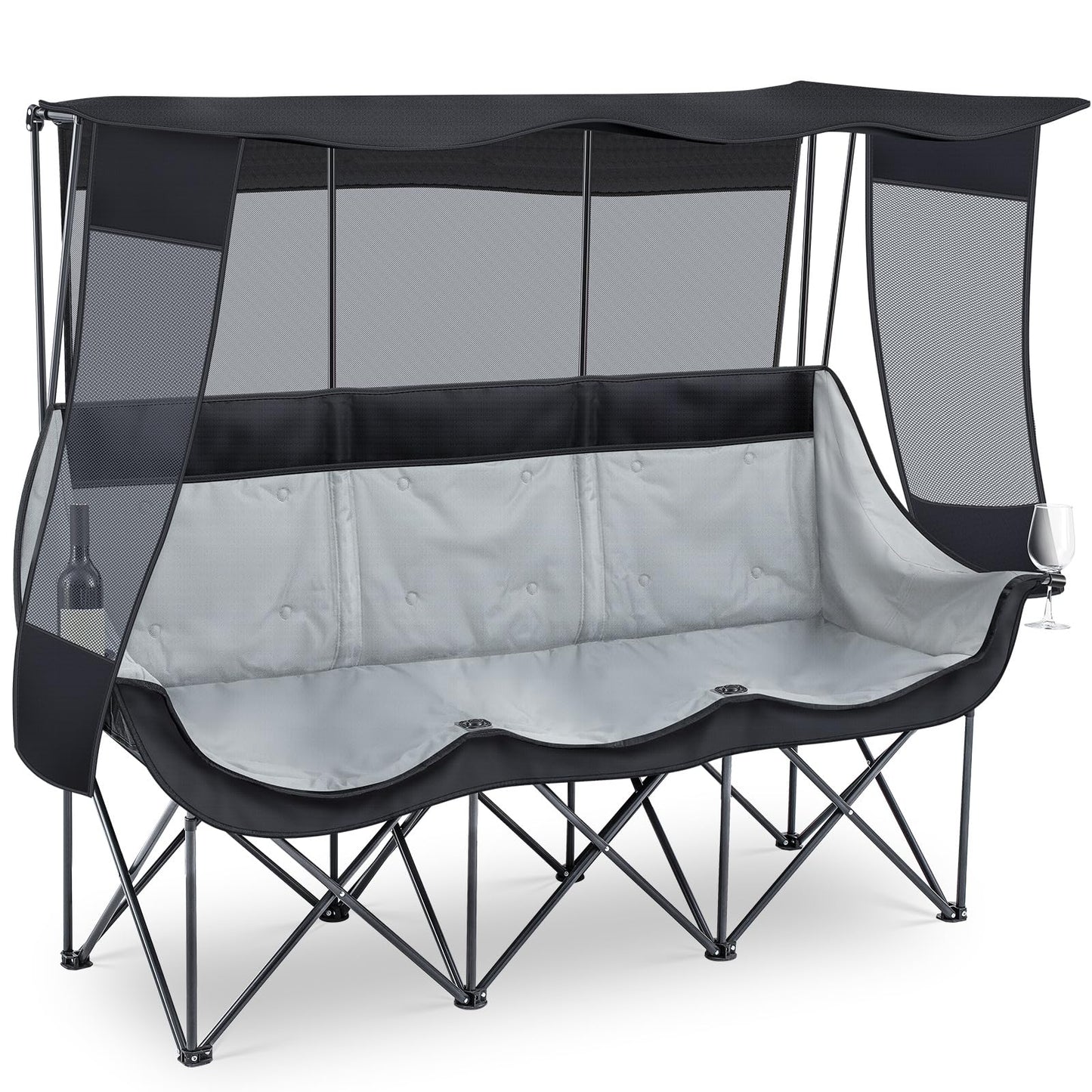 Teenyyou 3 Person Camping Chair with Canopy – Ultimate UV Sun Protection, 700lbs Heavy Duty Oversized Beach Chair, Foldable Portable Sofa with Cup Holder & Storage for Beach Lawn Outdoor(Black)