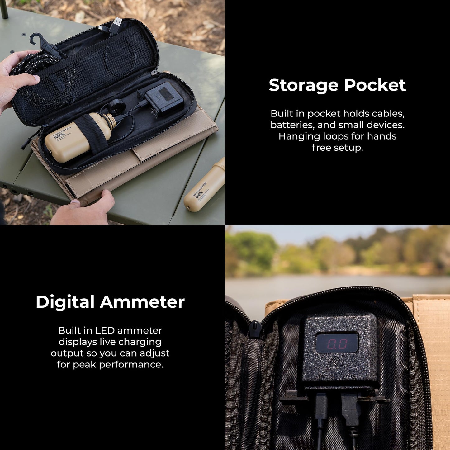 NESTOUT Portable Solar Panel, USB-C and USB-A Ports, 28W Solar Charger for Camping, Water Repellent Ripstop Nylon, Foldable Compact Design, Digital Ammeter, Adjustable Stand, Beige (4 Panel)