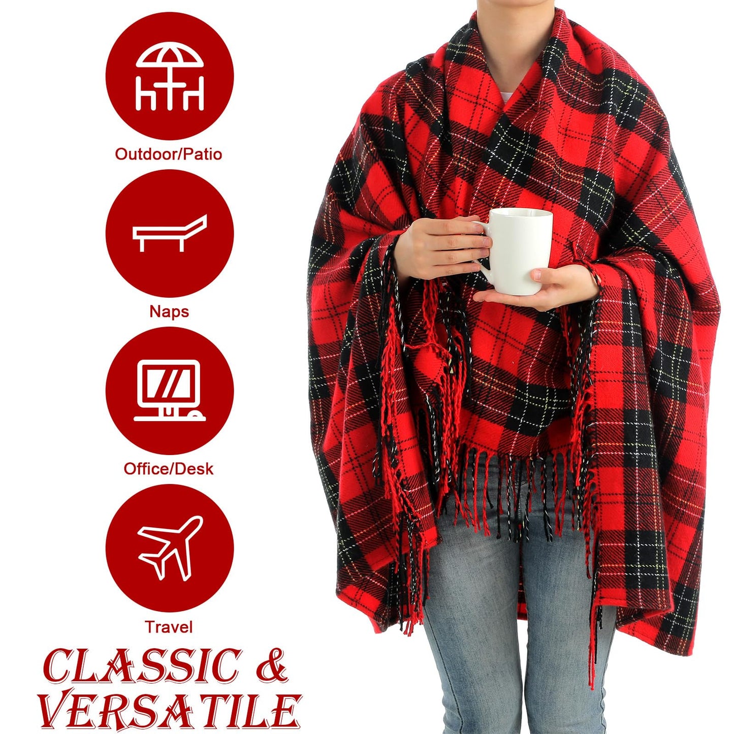 Peryiter 6 Pcs Christmas Red Plaid Throw Blanket Bulk with Tassel 50 x 67 Soft Warm Tartan Chenille Throw Fringe Blankets for Bed Couch Sofa Home Office Xmas Decor Gifts Travel Camping for All Season