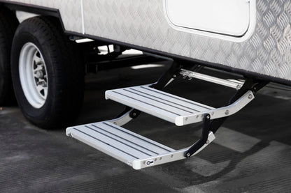 GEARFLAG Manual RV Double Step – Folding Aluminum Entry Step with Anti-Slip Surface, 440 lbs Capacity – for Camper, Trailer, Motorhome, Utility Trailer