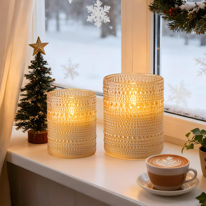 Velsyn Dotted Glass Flameless Candles with Remote Timer, Real Wax Battery Operated LED Pillar Candles with 3D Flickering Flame for Festival Wedding Home Party Decor, 3" x 4", 4" x 5", Set of 2 (Gold)