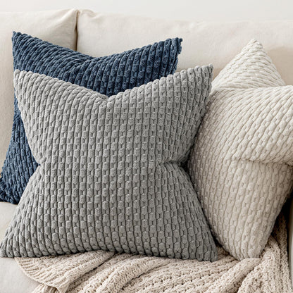 MIULEE Decorative Throw Pillow Covers - Soft Boho Striped Corduroy | 18x18 Inch Cream White Set of 2
