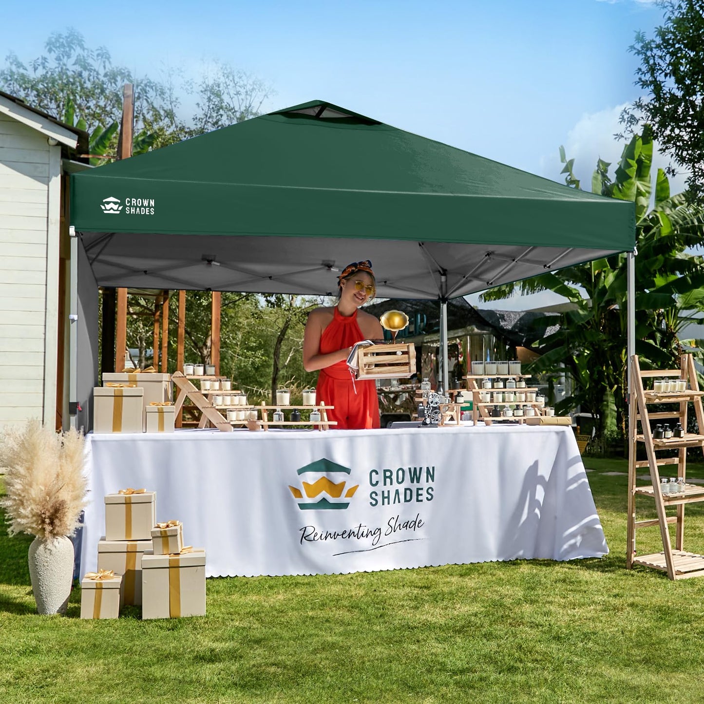 CROWN SHADES Pop Up Canopy with 1 Side Wall - Beach Tent with One Push Setup - Outdoor Sun Shade for Events, Parties, Camping - Gazebo with STO-N-Go Cover Bag, Forest Green, 12x12FT
