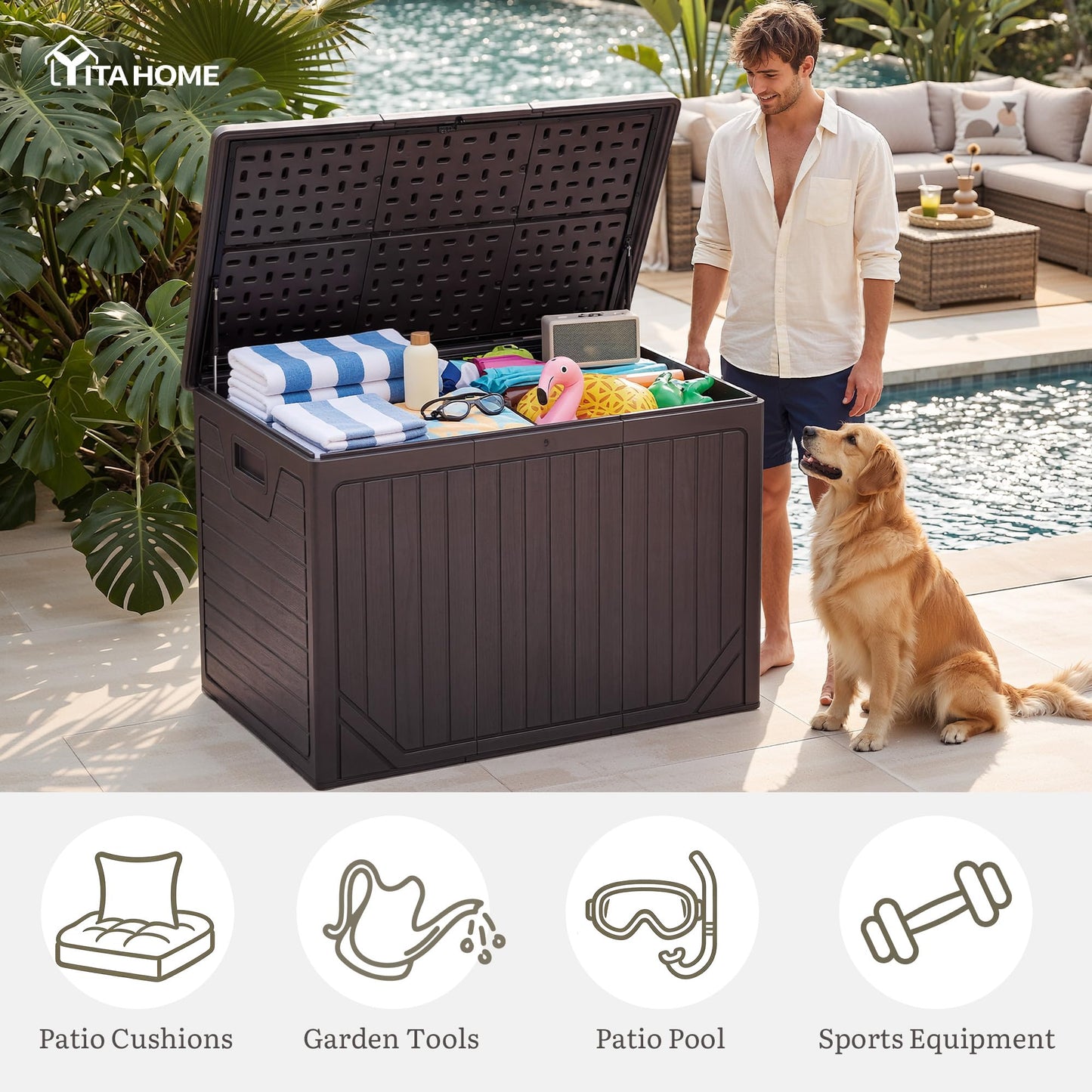 YITAHOME 230 Gallon Extra Large Outdoor Storage Box, Waterproof Double-WallDeck Box with Hydraulic Piston for Garden Tools, Pool Accessories & Cushions, Resin Deck Organizer with Bench Seat(Brown)