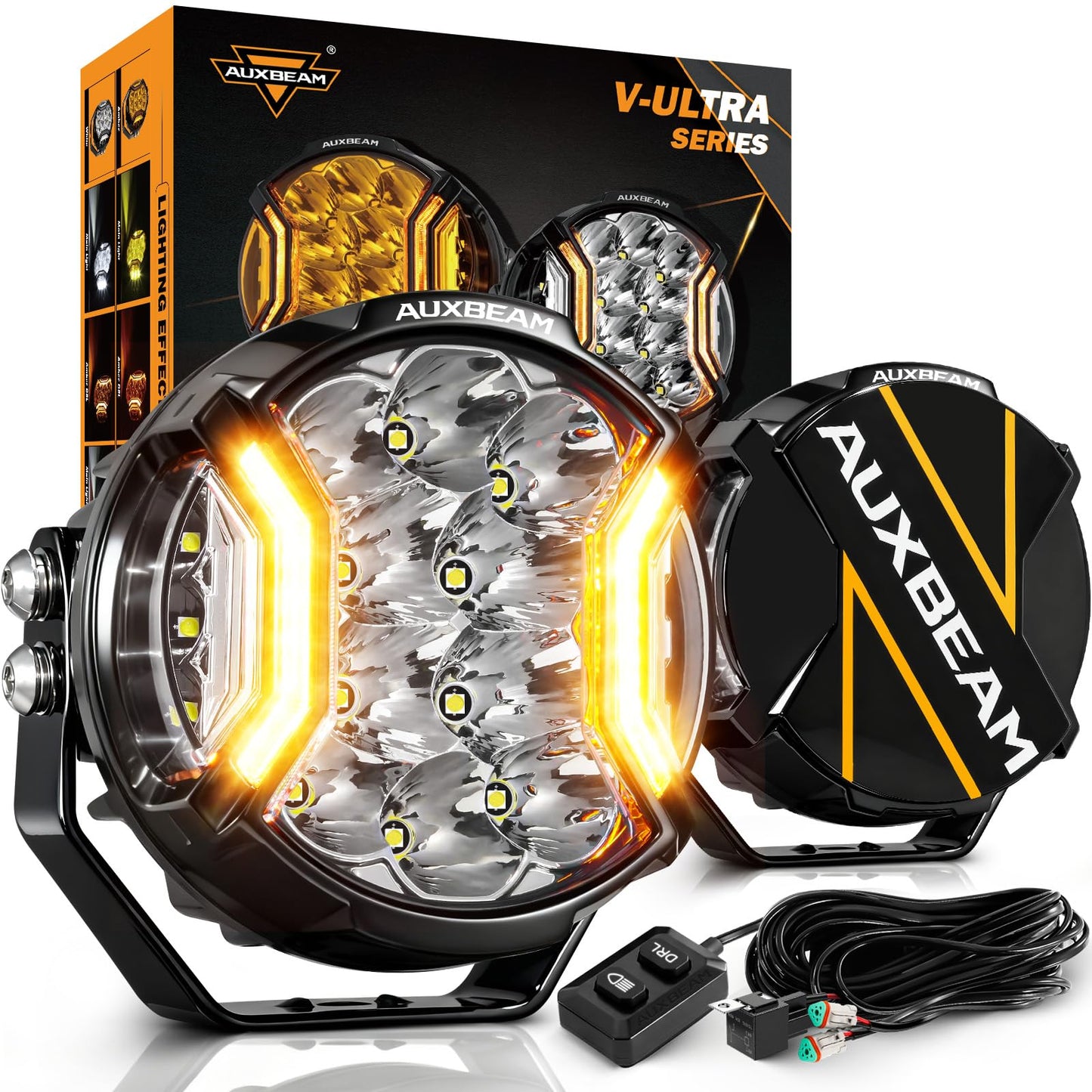 Auxbeam V-Ultra Series Side Shooter Light Bar, 5Inch 172W Round Offroad Lights LED Pods 20400LM, Amber DRL & Spotlight Dual Color 270° Wider Off Road Lighting with Protective Covers, Pair