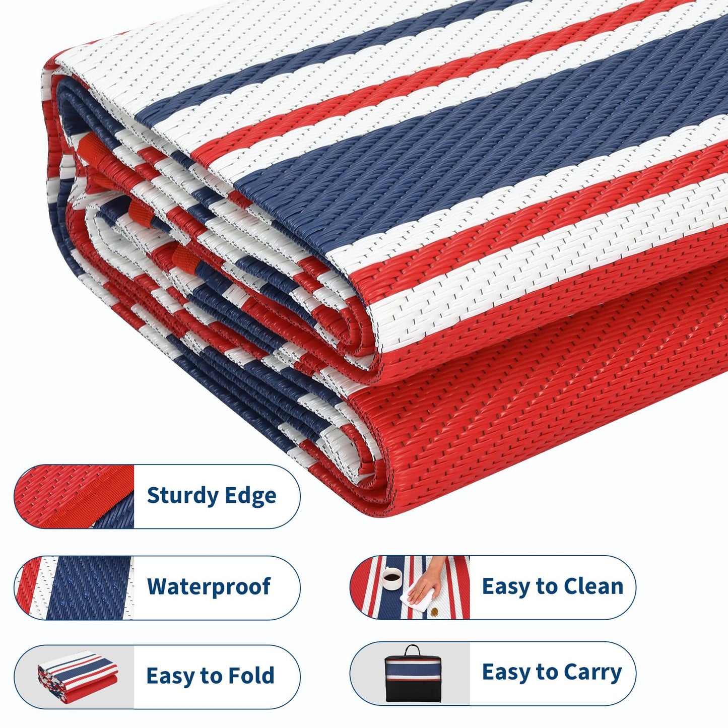 LUXLOOM Outdoor Plastic Straw Rug 9x18 Large Washable Floor Mat Modern Lines Waterproof Rug for Patio Reversible Rugs for Outdoors RV Beach Patio Camping Backyard Deck Picnic Outside Red Navy