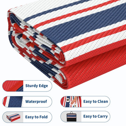 LUXLOOM Outdoor Plastic Straw Rug 9x18 Large Washable Floor Mat Modern Lines Waterproof Rug for Patio Reversible Rugs for Outdoors RV Beach Patio Camping Backyard Deck Picnic Outside Red Navy