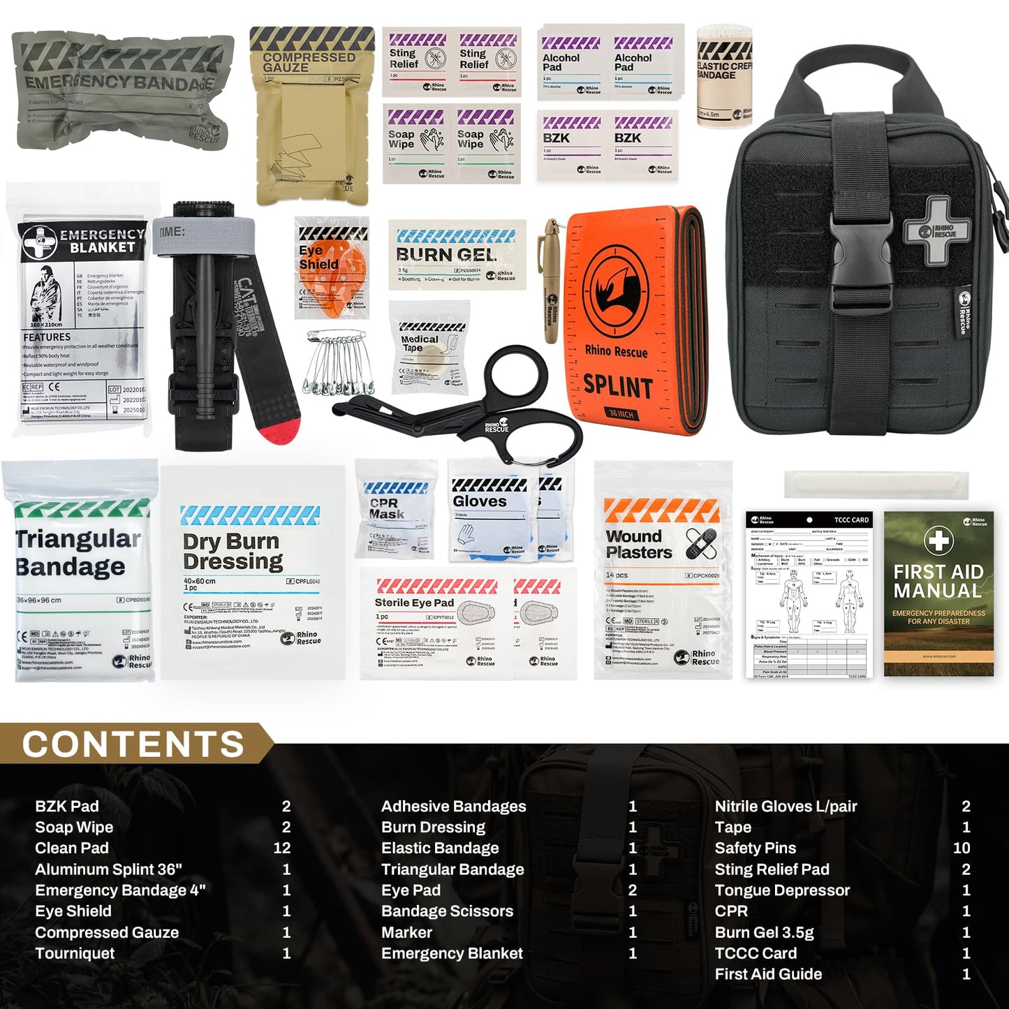 RHINO RESCUE Bundle-IFAK Trauma Kit with C-A-T Tourniquet for Wound Care+First Aid Splint 36" X 4.3" Orange-Gray, Keep Bones in Position