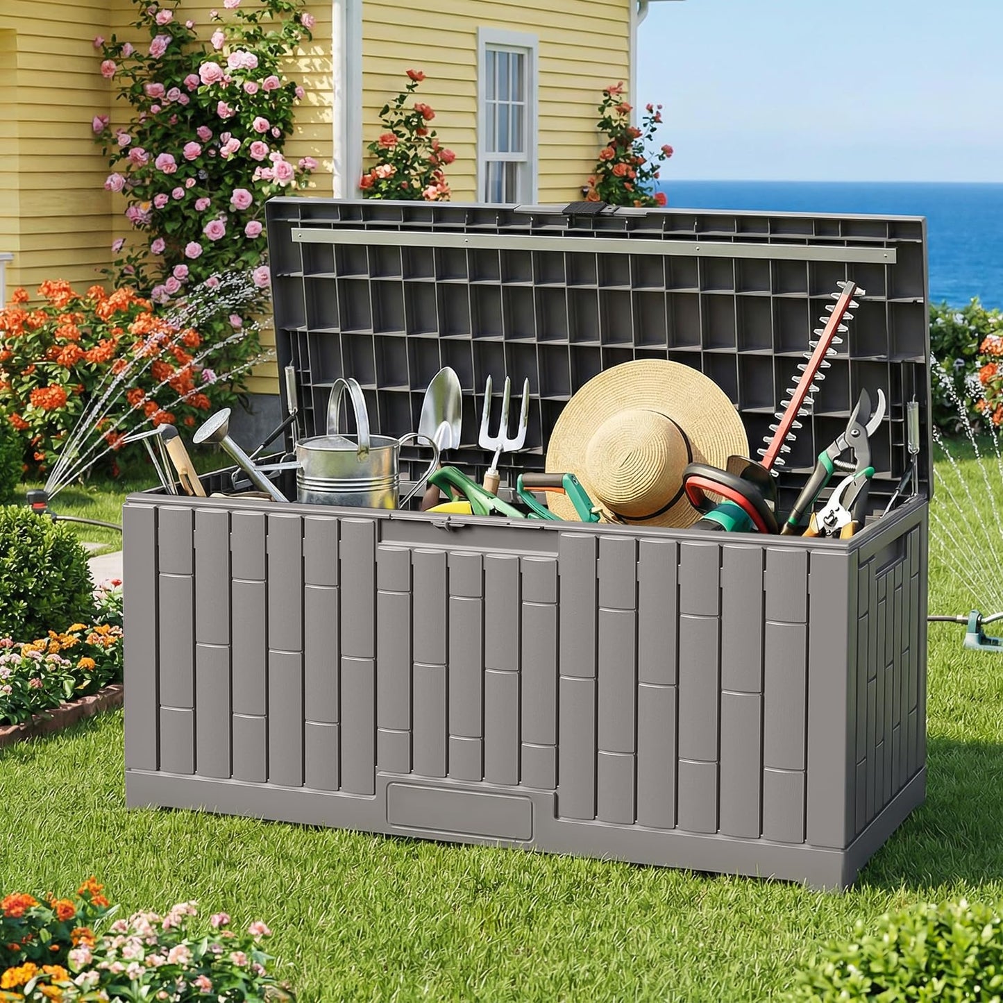 Jocoevol Deck Box 120 Gal, UV Resistant & Waterproof Outdoor Storage Box with Lock, Easy Assemble Storage Bins Container for Pool Patio Garden
