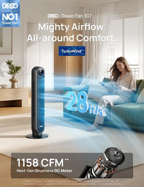DREO Bladeless Tower Fan - Ultra Quiet 20dB with 8 Speeds & 90° Oscillation | High Velocity 28ft/s, Black