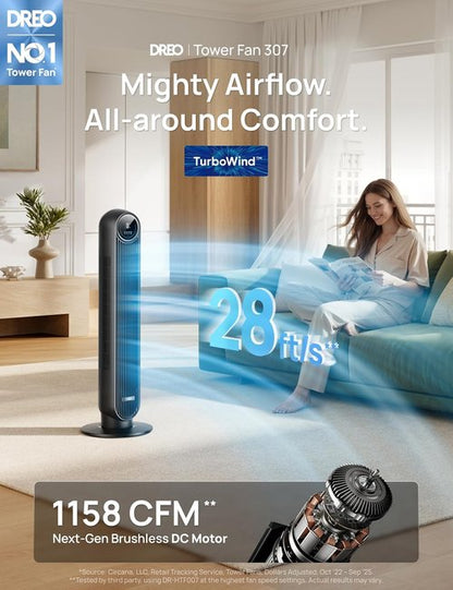 DREO Bladeless Tower Fan - Ultra Quiet 20dB with 8 Speeds & 90° Oscillation | High Velocity 28ft/s, Black