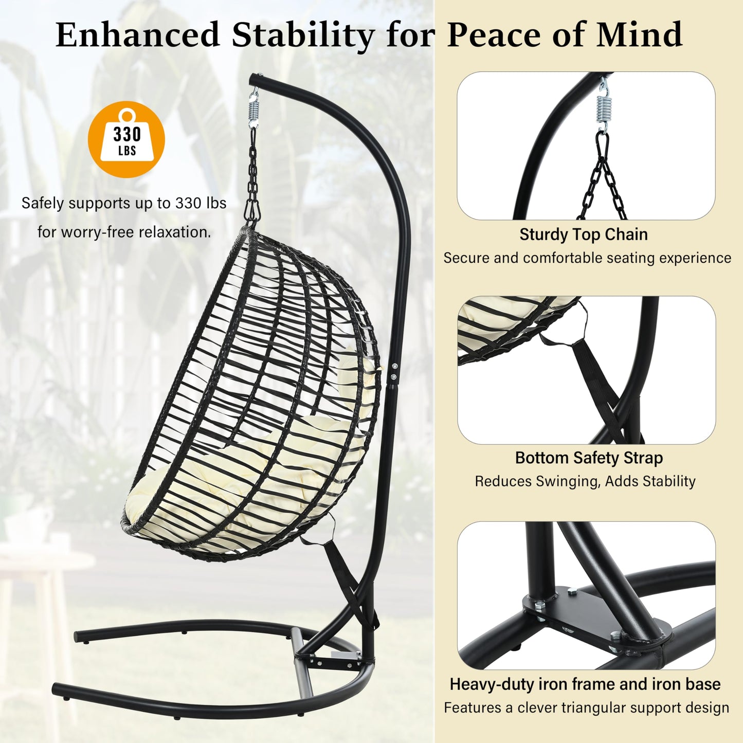 Merax Folding Hanging Egg Chair with Stand, Indoor Outdoor Wicker Hammock Swing Chair with Adjustable Anti-Slip Feet for Balcony, Bedroom, Garden