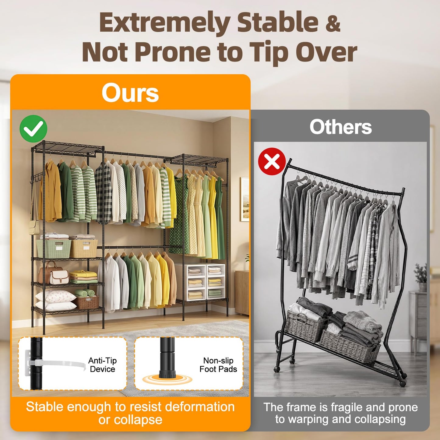 UEAKPIC Heavy Duty Wire Garment Clothes Rack, Adjustable Freestanding Expandable Clothing Rack with 4 Hanging Rods, 15.7" D x (70.9"-90.6") W x 76.8" H, Max Load 1000lbs, Black