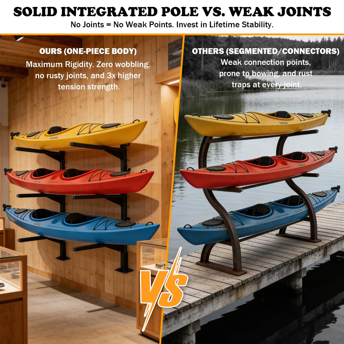 LAJIAOZ Heavy Duty Kayak Storage Rack for Dock/Garage, Adjustable Freestanding Kayak Stand or Wall Mount Kayak Rack, 3-Tier Indoor Outdoor Canoe Storage Rack for 3-4 Kayaks, SUP & Paddleboard