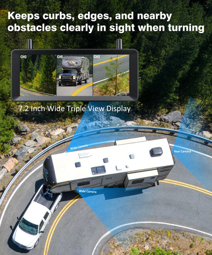 AUTO-VOX RV Backup Camera Wireless: Rear & Side Cameras with 7.2” HD 3 Split-Screen Recording Monitor, Flexible Suction Mount,Stable Signal & Dual Antenna for Camper, Fifth Wheel, Travel Trailer