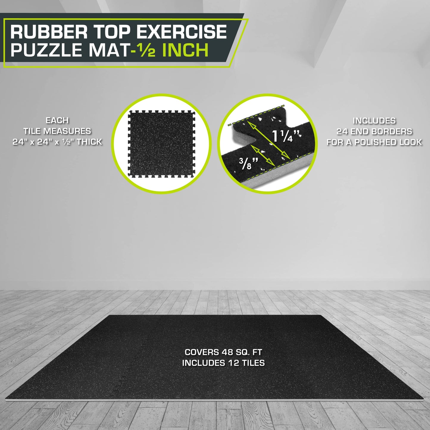 ProsourceFit Rubber Top Exercise Puzzle Mat ½-inch, EVA Foam, Protective Interlocking Tiles for Home Gym Equipment and Workouts; Grey, 48 SQ FT, 12 Tiles