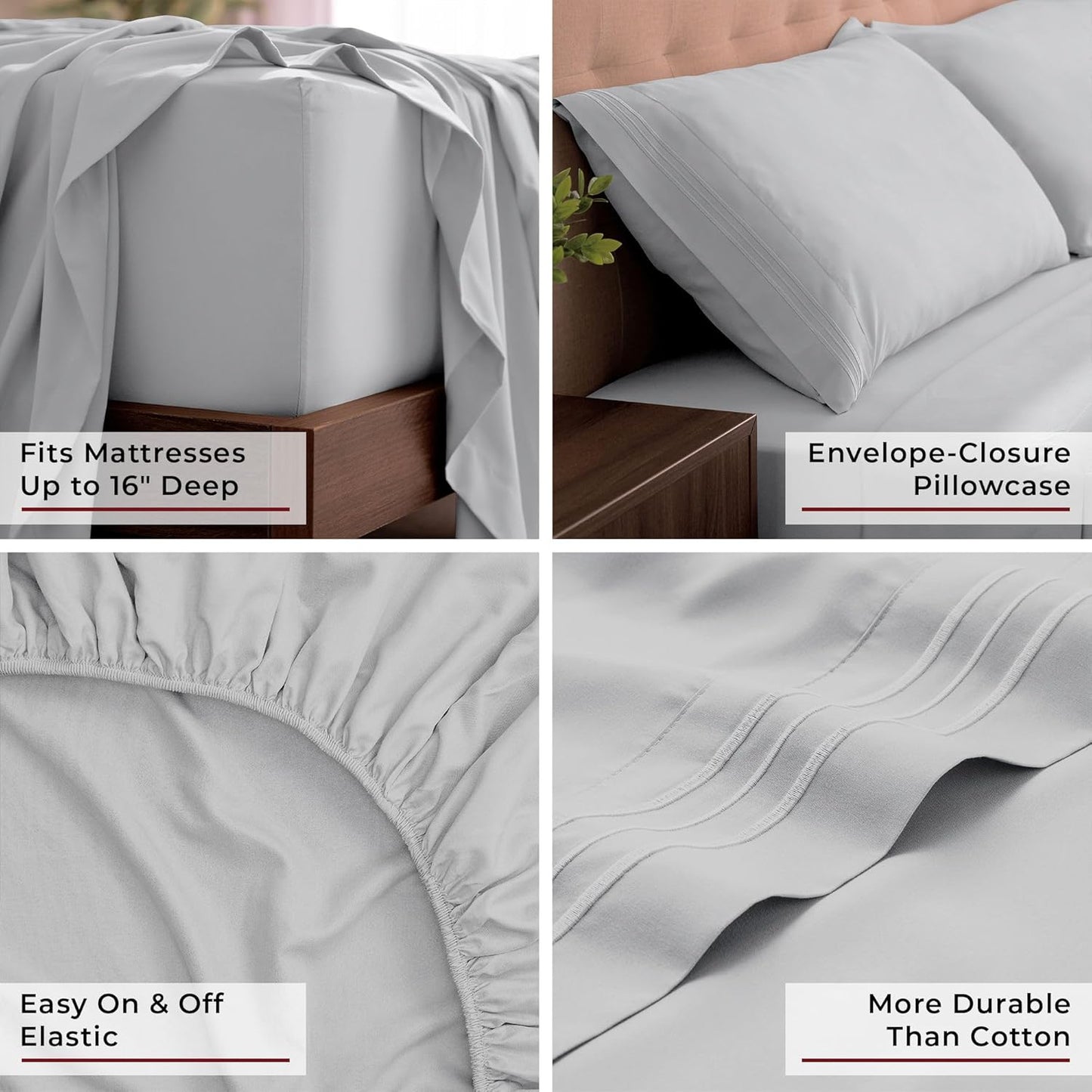 Mellanni King Sheets Set - Luxury 4-Piece Bedding - Extra Soft, Cooling, Wrinkle Resistant | Light Gray