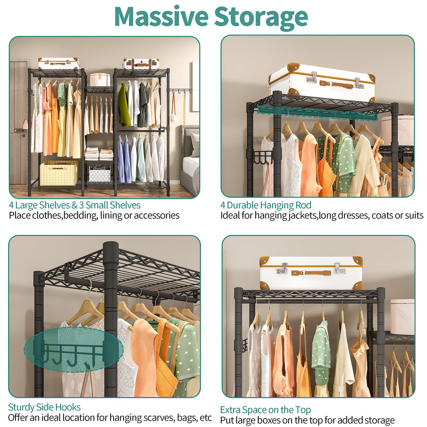 Exglobol Heavy Duty Garment Rack, Portable Wardrobe Clothes Rack Freestanding Adjustable Clothing Rack with 7 Tiers Adjustable Wire Shelving and 4 Hanger Rods, Max Load 920LBS