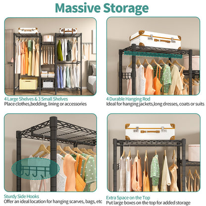 Exglobol Heavy Duty Garment Rack, Portable Wardrobe Clothes Rack Freestanding Adjustable Clothing Rack with 7 Tiers Adjustable Wire Shelving and 4 Hanger Rods, Max Load 920LBS
