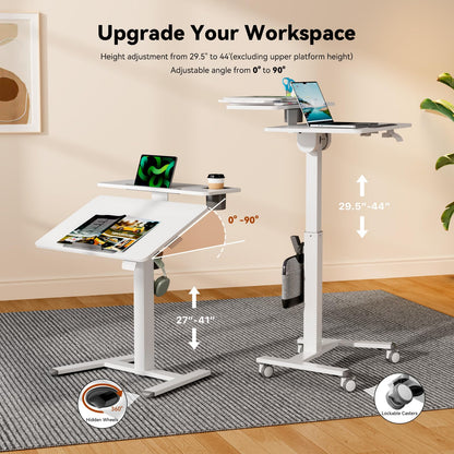 Liftsync 28Inch Mobile Standing Desk On Wheels， Rolling Laptop Stand with Tiltable Desktop， Small Computer Workstation Adjustable Height， 2-Tier Portable Study Table with Storage Shelves， White