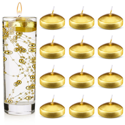 Nuanchu 12 Pieces 1. 65 Inch Floating Candles for Wedding Centerpiece, Small Unscented Floating Round Tealights Metallic Smooth Wax Disc Candles for Graduation Dinner Home Decor(Gold)