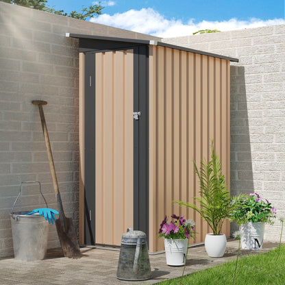KEIKI 4.27x2.42 FT Lean-to Metal Storage Shed, Outdoor Garden Storage Cabinet w/Pent Roof & Lockable Door, Backyard Storage House w/Side Hinged Door for Patio Lawn Equipment Bike Storage, Brown