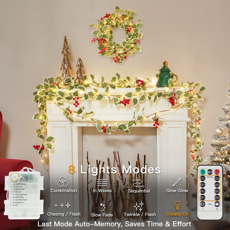 suddus 40 LED Christmas Fairy Lights Battery Powered,12.5ft Vine String Lights with Red Berries & Holly Leaf Timer Remote, Artificial Garlands for Fireplace, Bedroom,Porch,Door,Table,Stairs,Xmas Decor