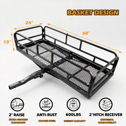 fouwick 60" x 24" x 13" Hitch Cargo Carrier, 600 Lbs Heavy Duty Folding Luggage Rack for SUV & Truck, Steel Mesh Cargo Carrier Hitch Mount Fits 2" Receiver, Powder Coated Vehicle Cargo Basket