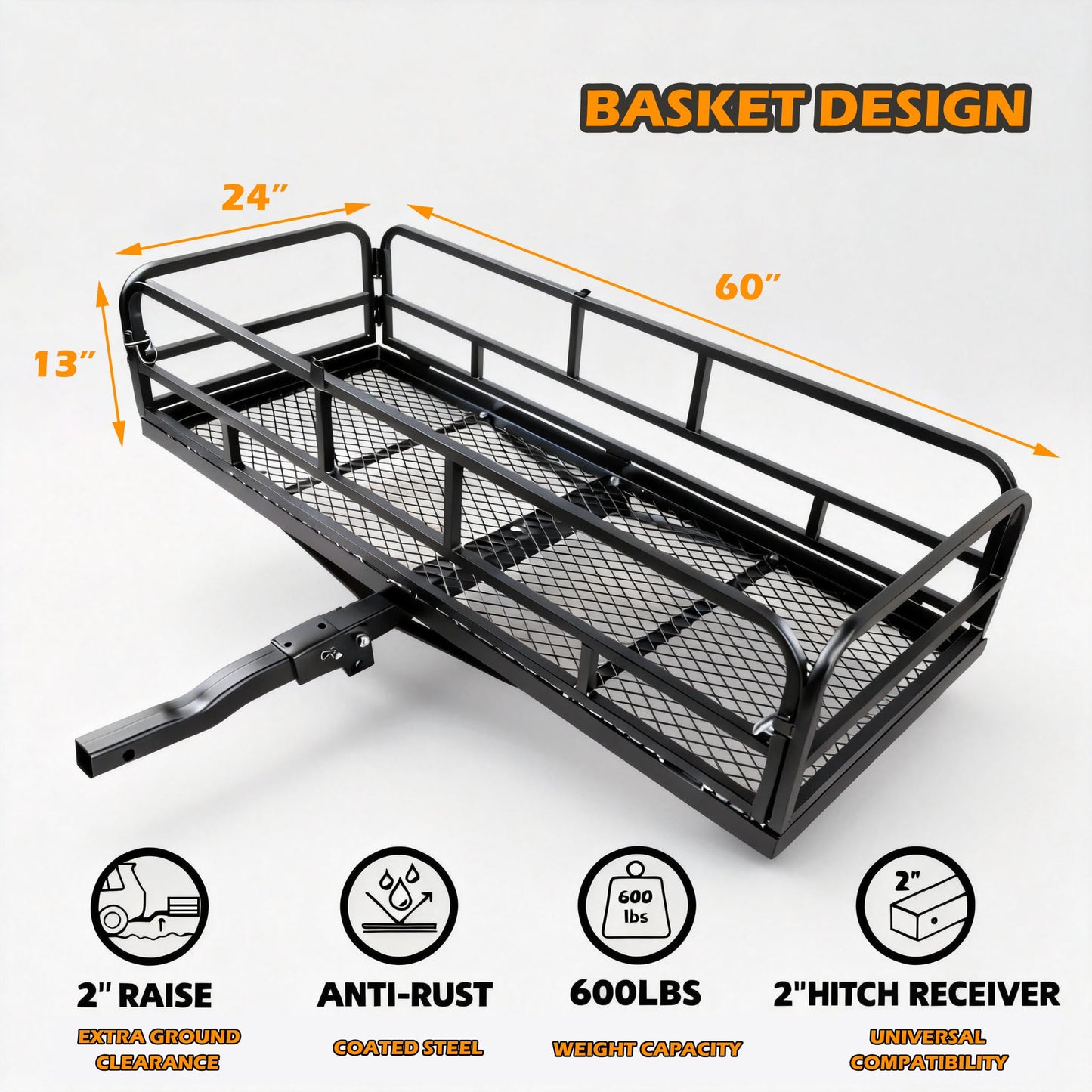 fouwick 60" x 24" x 13" Hitch Cargo Carrier, 600 Lbs Heavy Duty Folding Luggage Rack for SUV & Truck, Steel Mesh Cargo Carrier Hitch Mount Fits 2" Receiver，with 57x22x13 Waterproof Bag