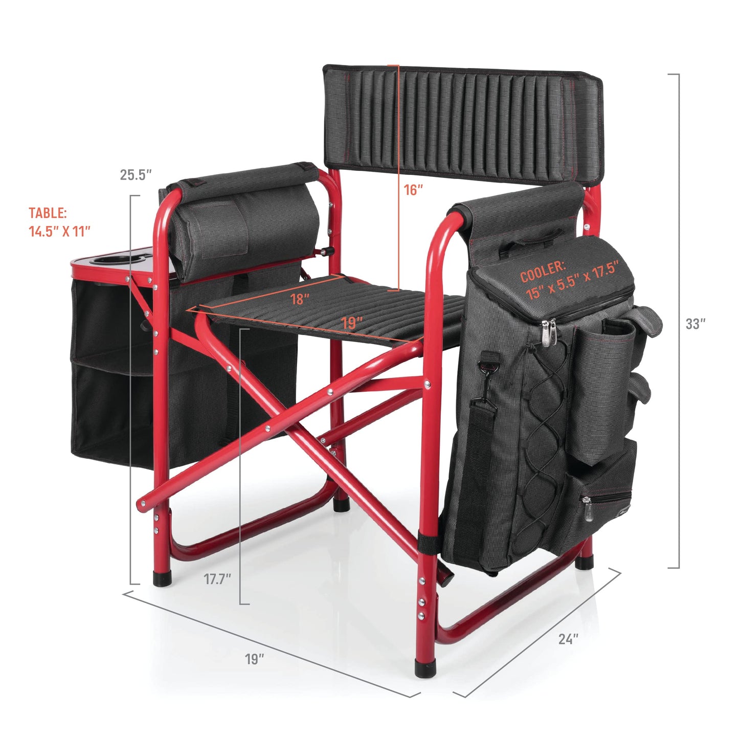 PICNIC TIME Fusion Camping Chair with Side Table and Soft Cooler, Outdoor Foldable Padded Camping Chairs with Cup Holder for Lawn, Beach, & Sports Use for Adults, (Dark Gray Red Accents)