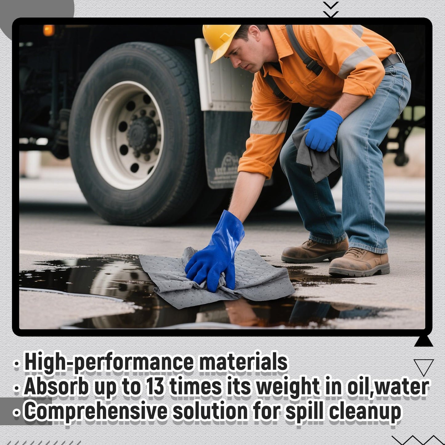 DoubleFill 41 Pcs Universal Spill Kit Portable Complete 9-Gallon Spill Kit, Absorbs Oils Water and More, Yellow Bucket, 30 Absorbent Pads, 4 Pcs 3" x 4' Sorbent Socks, 5 Disposal Bags, PVC Gloves