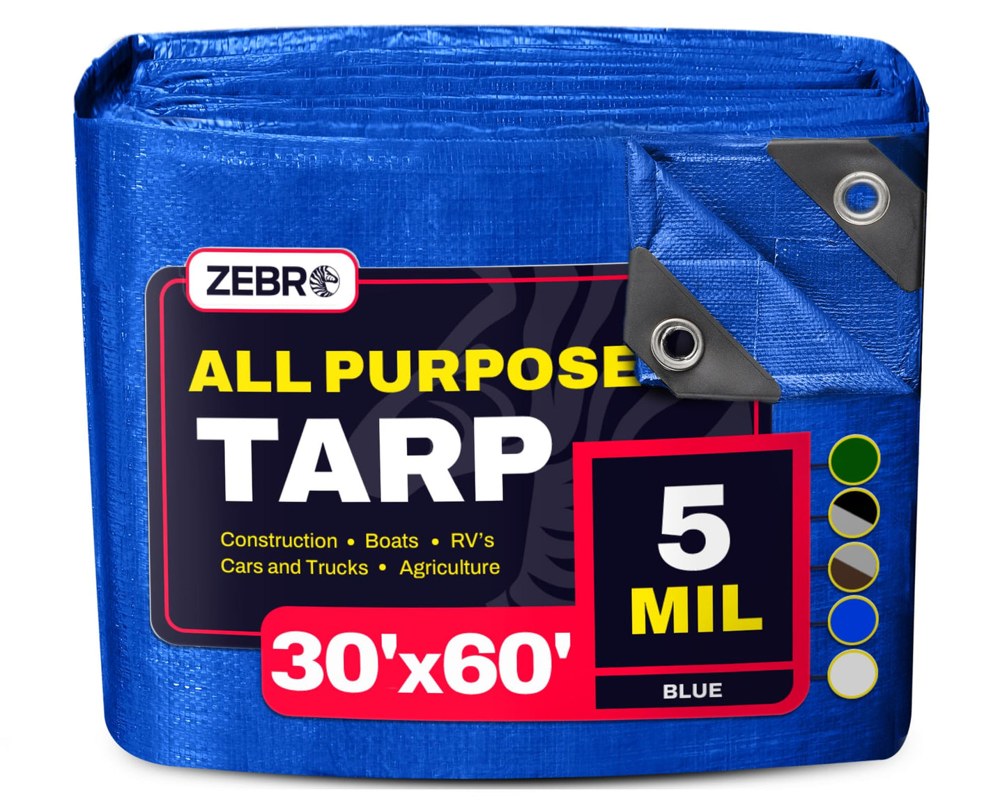 30' x 60' Blue Tarp with Grommets Reinforced - 5 Mil Thick - Durable UV Resistant Plastic Tarps Waterproof - Large Tarpaulin Cover for Outdoor Camping Over/Under Tent Tarp RV Roof Rain - Zebro