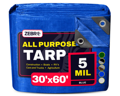30' x 60' Blue Tarp with Grommets Reinforced - 5 Mil Thick - Durable UV Resistant Plastic Tarps Waterproof - Large Tarpaulin Cover for Outdoor Camping Over/Under Tent Tarp RV Roof Rain - Zebro