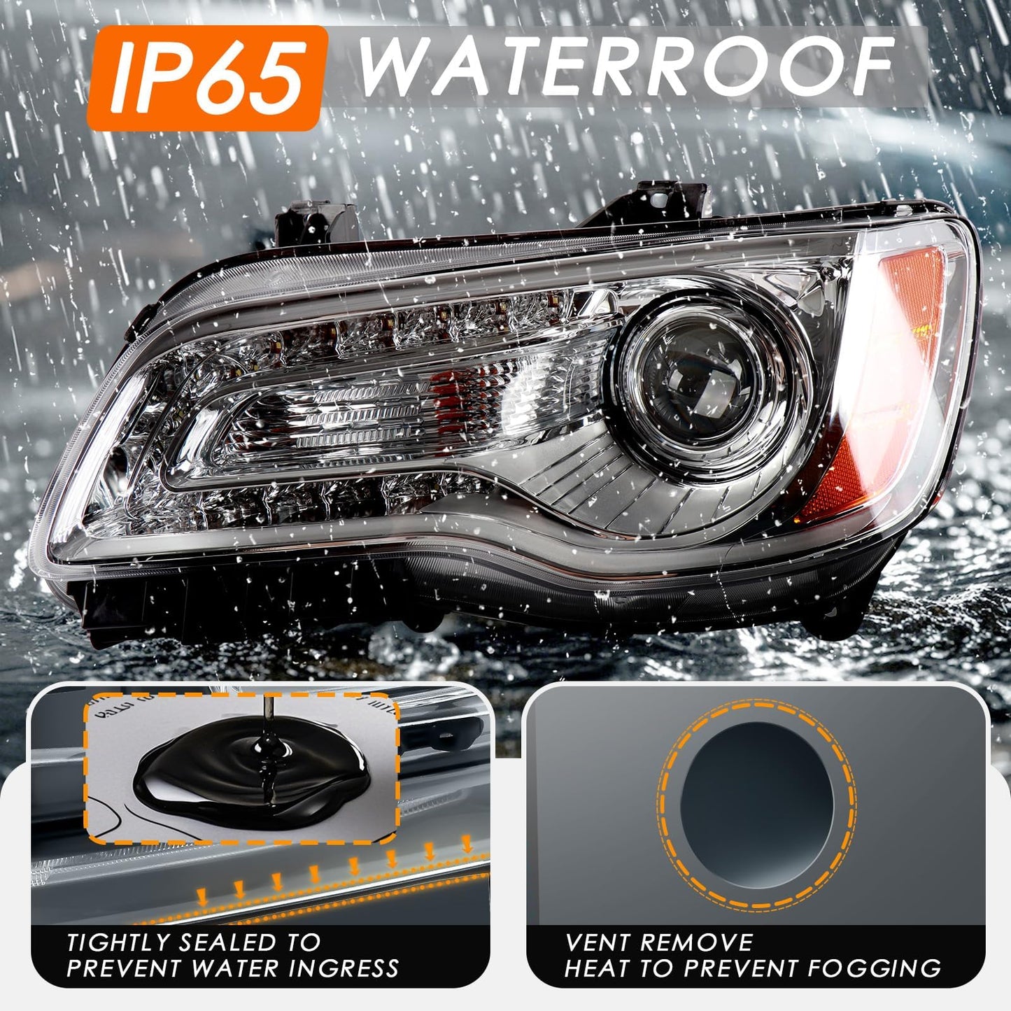 CONLLCON Headlights Assembly Compatible with 2012-2014 Chrysler 300,Headlamp Chrome Bezel Driver Side Replacement CH2502231 68143003AC