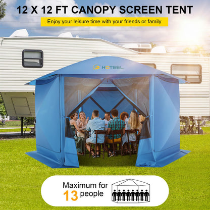 COBIZI 12x12FT Pop Up Gazebo Screen Tent Screen House for Camping, Screen Room with Mosquito Netting, Hub Tent Instant Screened Canopy with Carrying Bag and Ground Stakes, Brown
