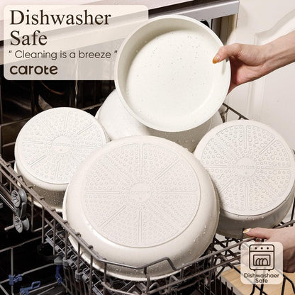 CAROTE Pots and Pans Set Non Stick, Cookware Sets, Kitchen Set, Oven/Dishwasher/Fridge Safe, Space Saving Pots Set, Nonstick Set with Versatile Detachable Handle, Induction RV Set, Cream