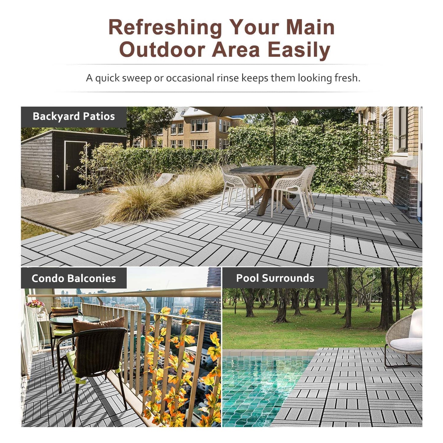 EchoDeck Interlocking Deck Tiles,44 Pack Patio Tiles Outdoor Interlocking All Weather,Patio Deck Tiles,12"x12",Woodgrain,Sturdy Base,Highly Durable,Stylish,Non-Slip,Faster-Drying,Efficient,Dark Grey