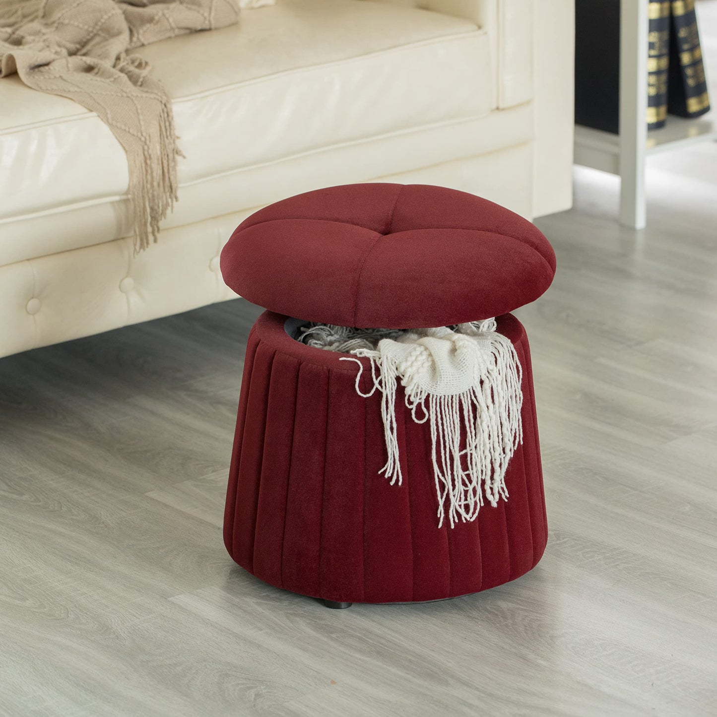Fabulaxe Modern Tufted Velvet Mushroom Shape Storage Ottoman Storage Stool Trunk, Red