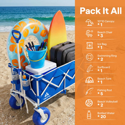 VELUVIA Beach Wagon with Balloon Wheels for Sand - 450LBS Heavy Duty Foldable All Terrain Wagon with 9" Balloon Tires- Collapsible Beach Dolly with Adjustable Handle & Cooler Bag for Beach - Blue