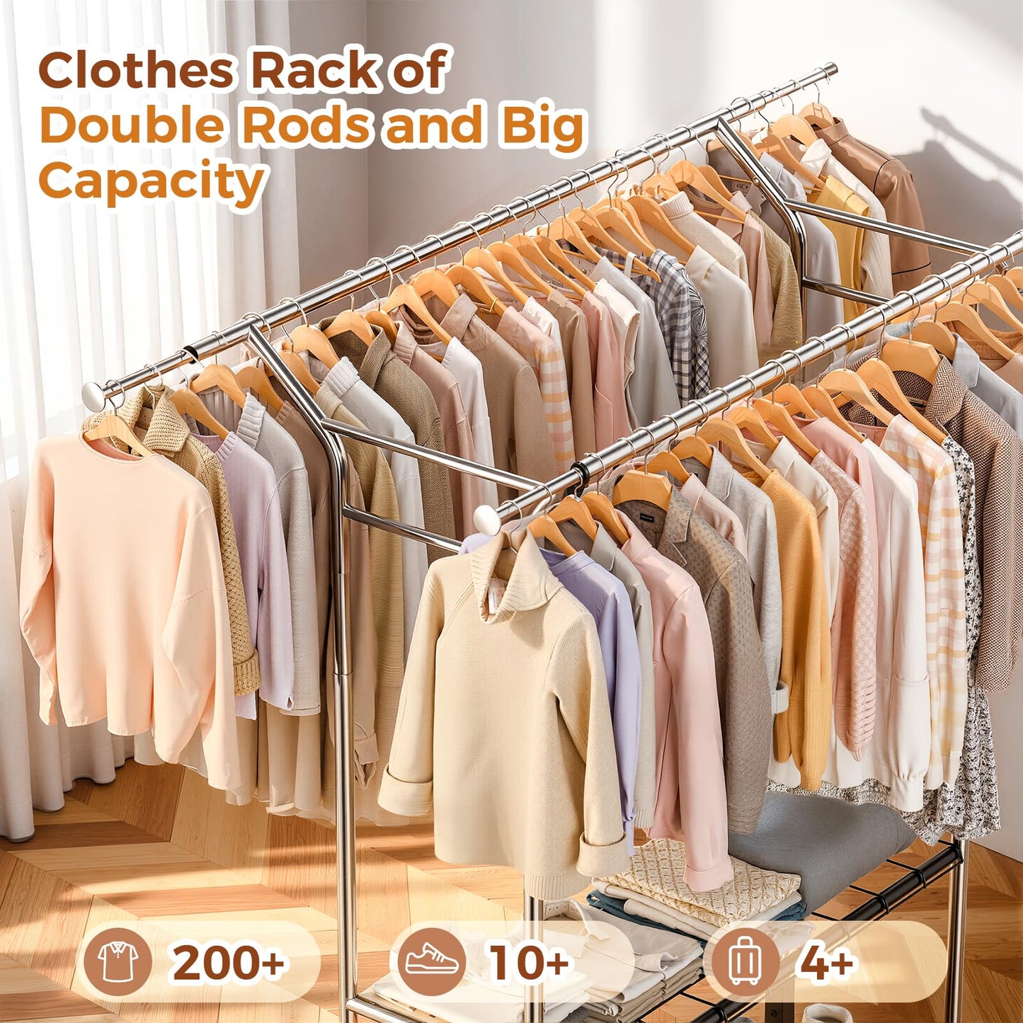 Luxspire Heavy Duty Clothes Rack Load 650 LBS, Double Rod Clothing Racks for Hanging Clothes, Rolling Garment Racks with Lockable Wheels, Shelves, Adjustable Laundry Hanging Rack, Silver